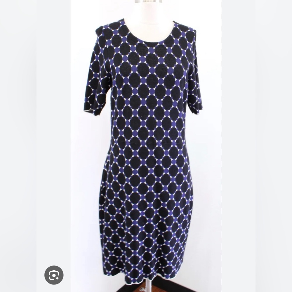 Ann Taylor Navy Blue Black Geometric Polka Dot Print Knit Sweater Dress size L